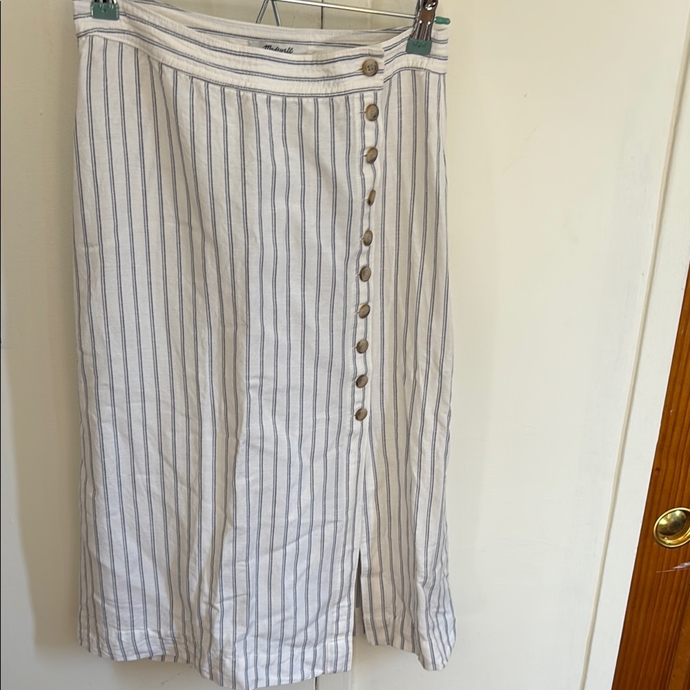 Madewell Linen Blend White and Blue Midi Pencil Skirt